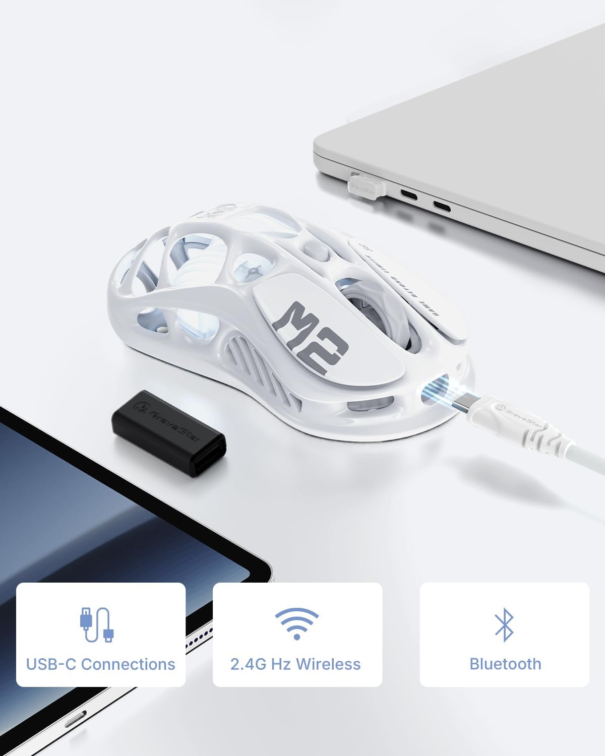 Detalle de GravaStar Mercury M2 Gaming-Maus kabellos (2,4 GHz/Bluetooth/Kabel) mit bis zu 26.000 DPI, 79 g und PAW3395