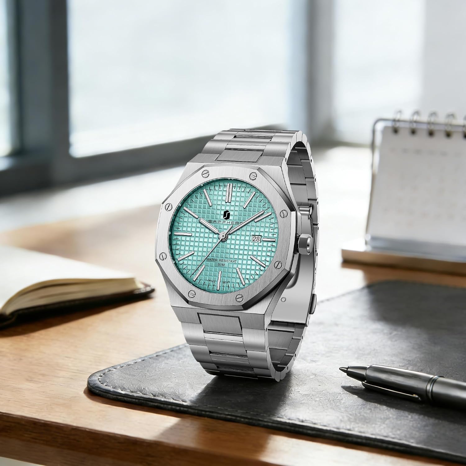 Detalle 2 de SAPPHERO Orologio da uomo impermeabile 50M al quarzo con calendario e cinturino in acciaio