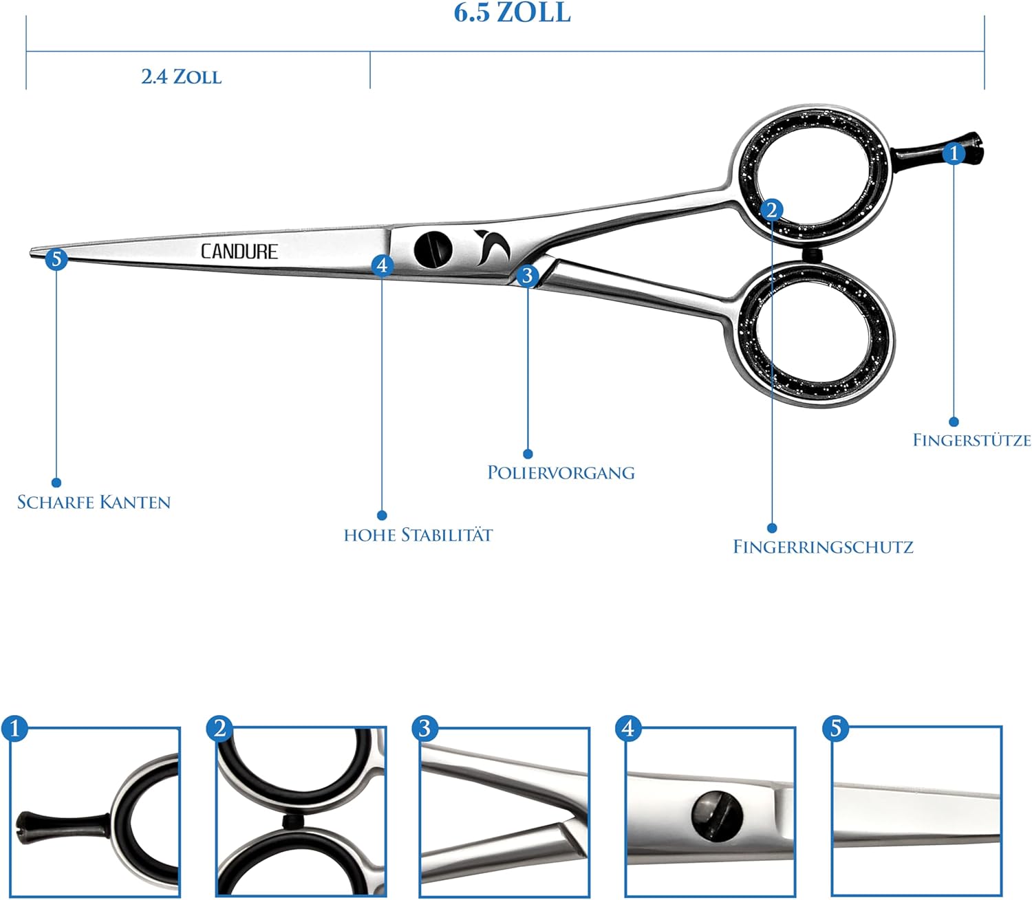 Detalle de Candure Haarschere Friseurschere Profi 6.5 Zoll – präzises Schneiden für Haare, Bart und Tierhaar