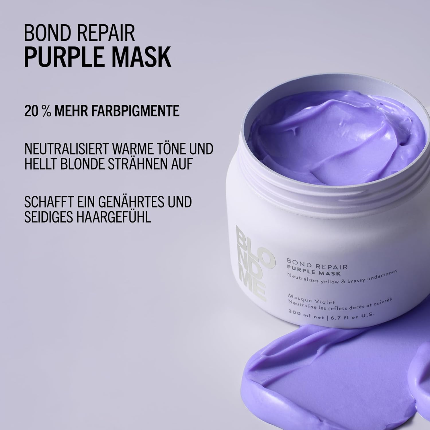 Detalle de BLONDME Bond Repair Purple Mask – Ausgleichende Haarpflege für gefärbtes Blondhaar (200 ml)
