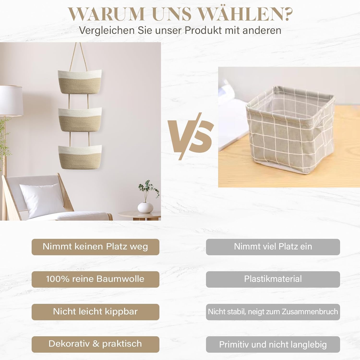 Thumbnail 3 de TeoKJ Hängekorb für die Tür (3-stöckig) aus gewebter Baumwolle – Organizer in Weiß + Jute