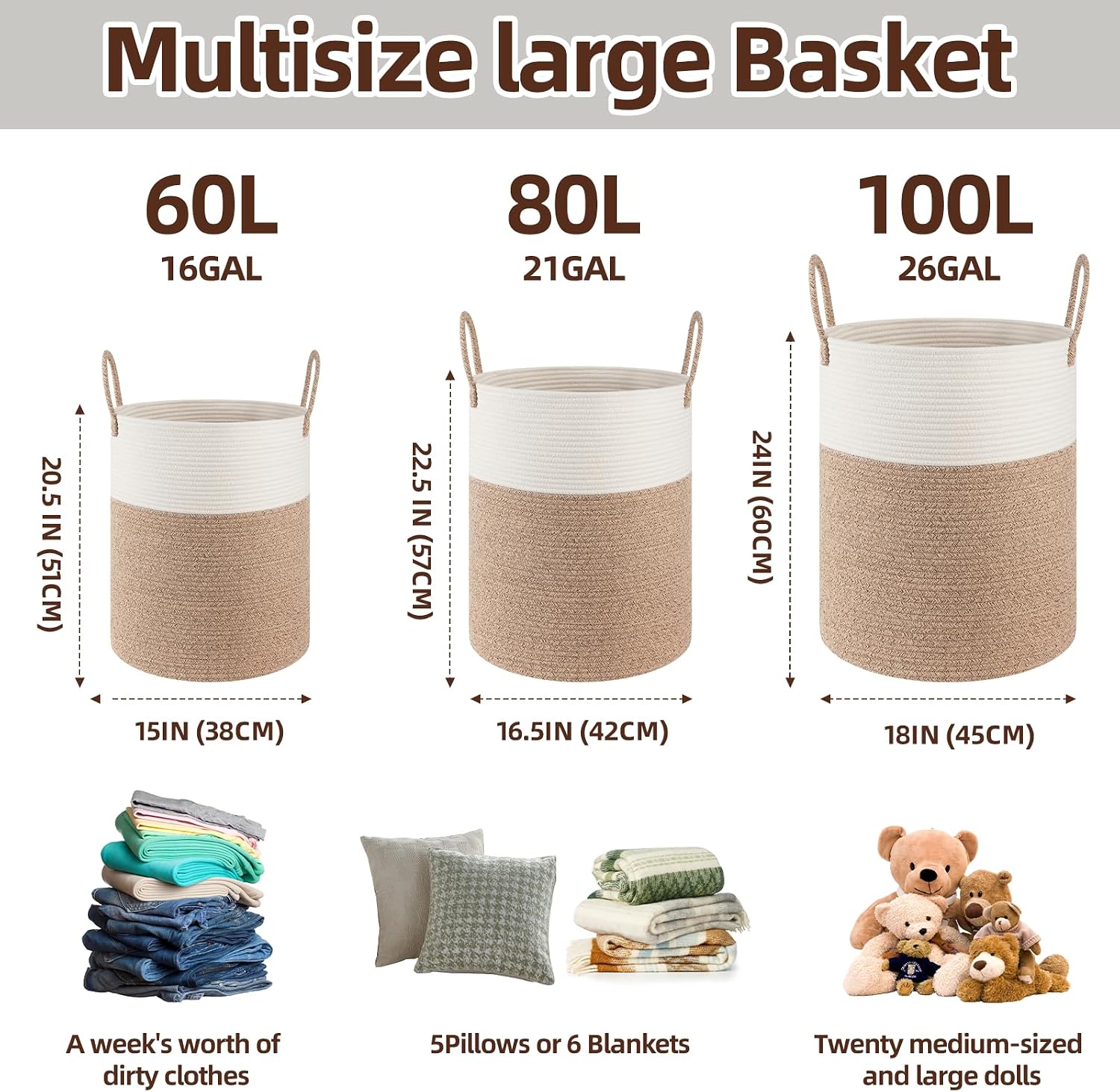 Thumbnail 1 de OIAHOMY 60L Cotton Rope Laundry Hamper, Brown and White, Collapsible