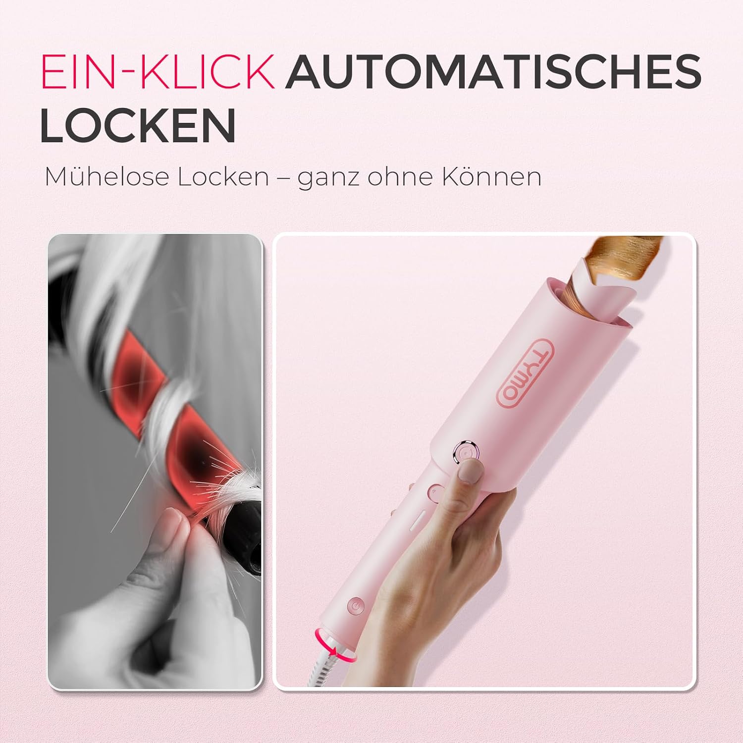 Detalle 2 de TYMO CURLPRO Lockenstab automatisch 32 mm – Locken mit drehbarer Heiztechnik, 160–210 °C, Hitzeschutz, rosa