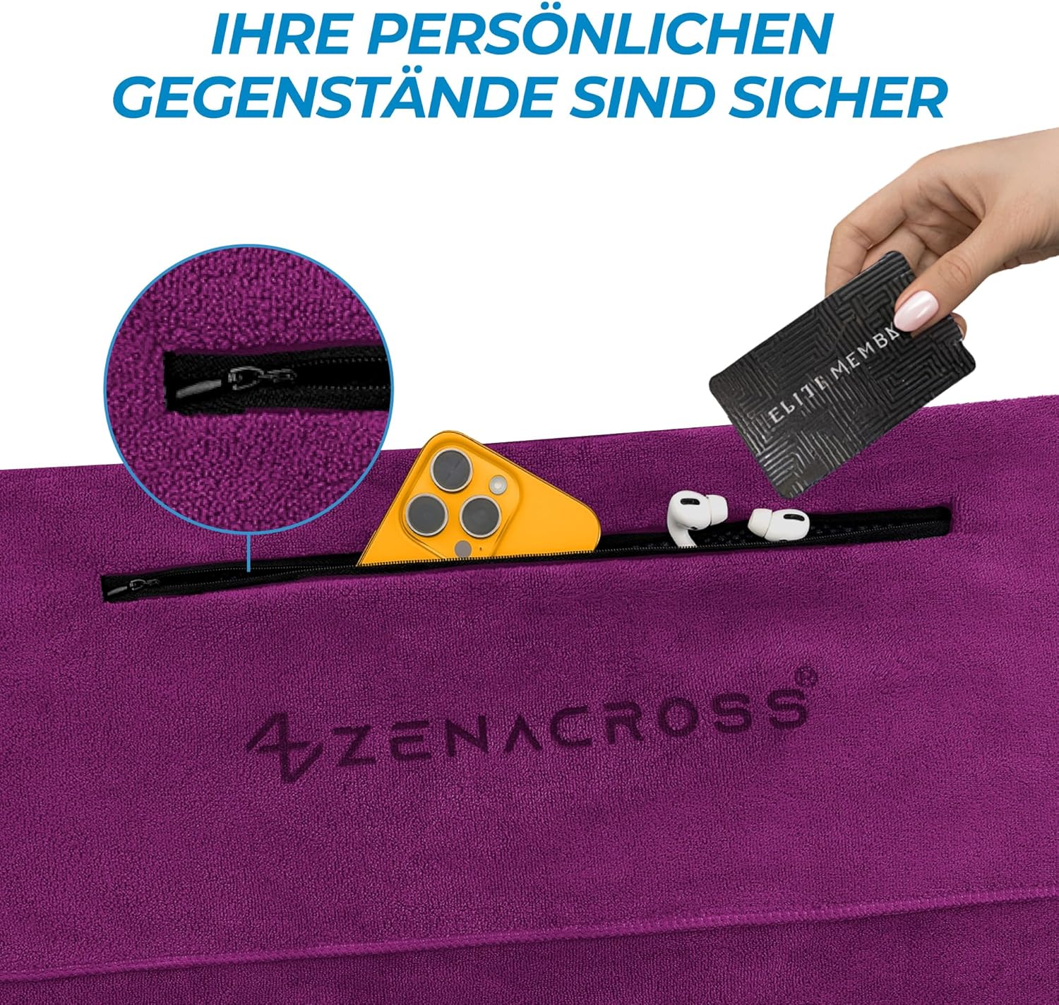 Thumbnail 2 de ZENACROSS Fitness Handtuch Mikrofaser 120x50 – schnelltrocknend mit Reißverschlusstasche