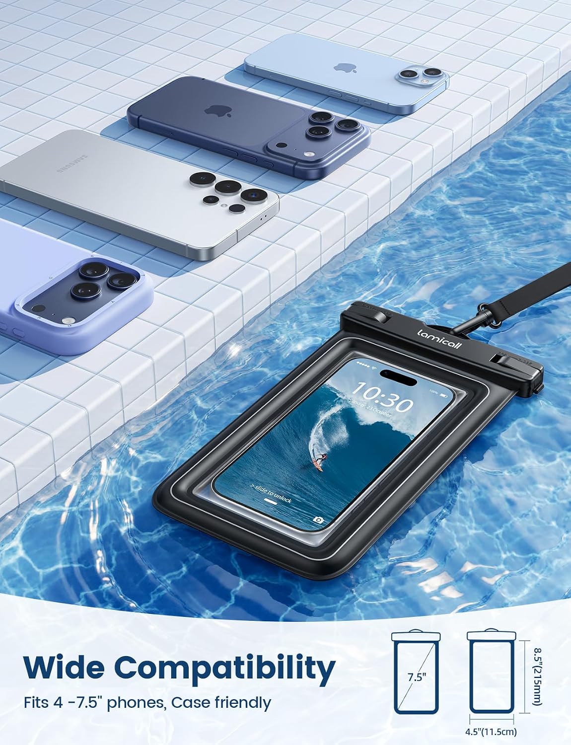 Thumbnail 5 de Lamicall Floating Waterproof Phone Pouch – Buoyant Sponge Padding, IP68 Underwater Case (2 Pack) for Phones up to 7.5