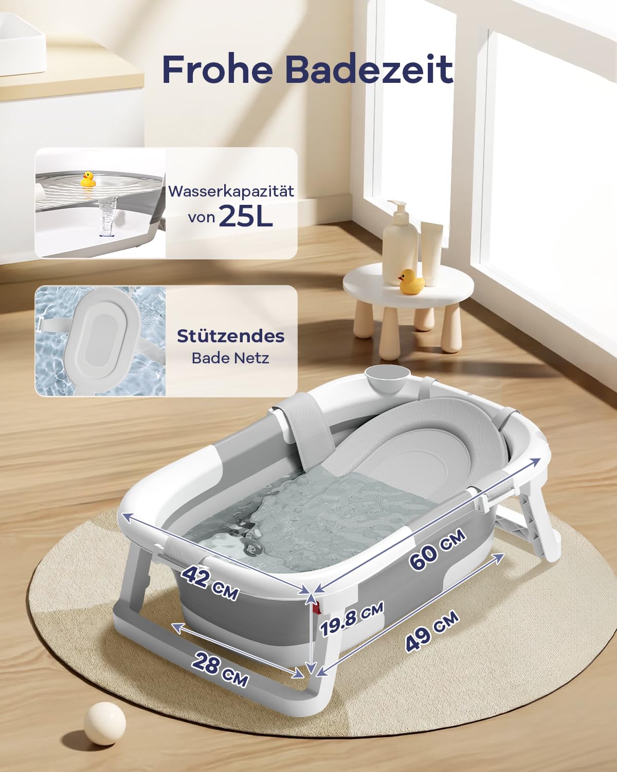 Thumbnail 5 de COOSEYA 2-in-1 Babybadewanne mit Gestell, faltbar & mit Badestütznetz – Grau