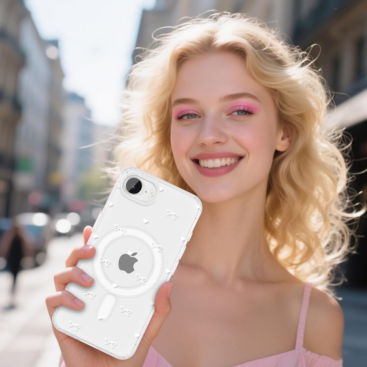 Thumbnail 5 de ZTOFERA Magnetische Hülle für iPhone 16e/17e (6,1", Weiß) mit Schleifen-Design und Herzmuster