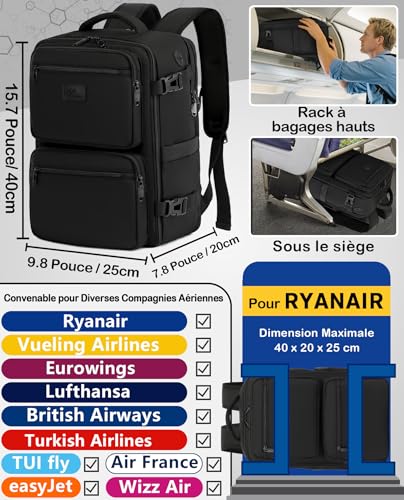 Detalle de LYNXCHER Sac à Dos Voyage Cabine 40x20x25 cm – 20 L, 14'' PC, Noir (S)