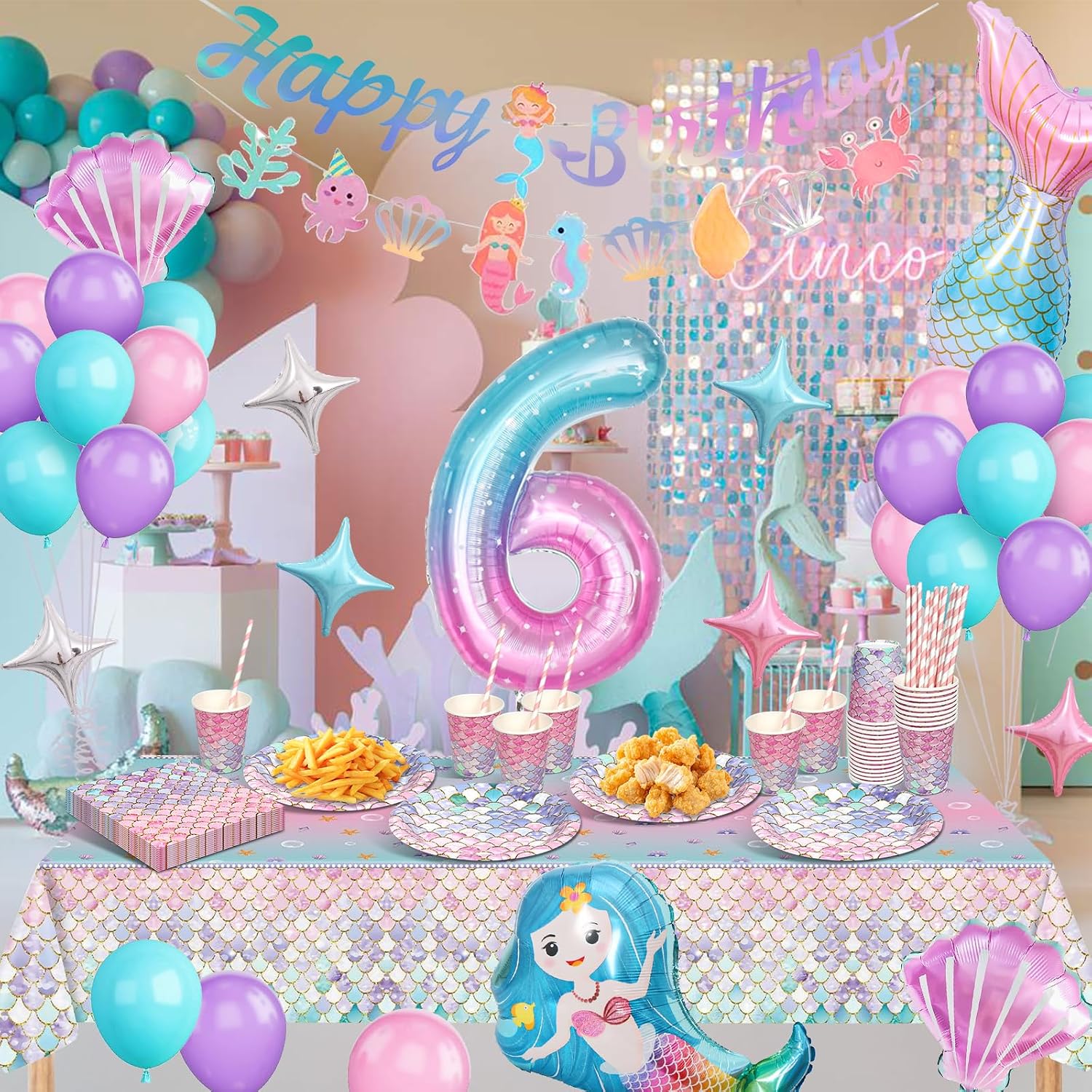 Thumbnail 5 de Meerjungfrau Partygeschirr Set Kindergeburtstag 6 Jahre đ