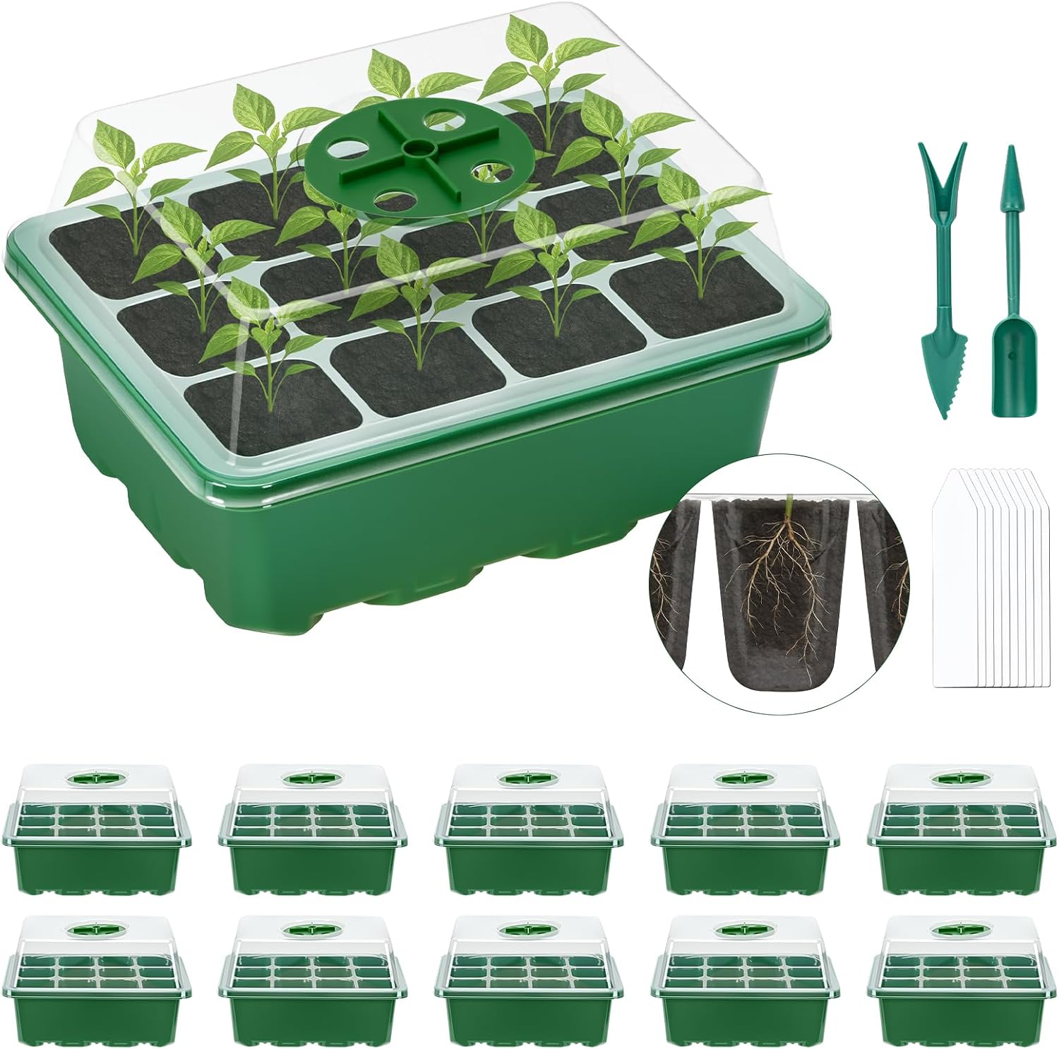 Detalle de Lychee Seed Trays, 10 Pack 120 Cells Propagator with Lidded/Rotatable Vent Design for Greenhouse & Gardens