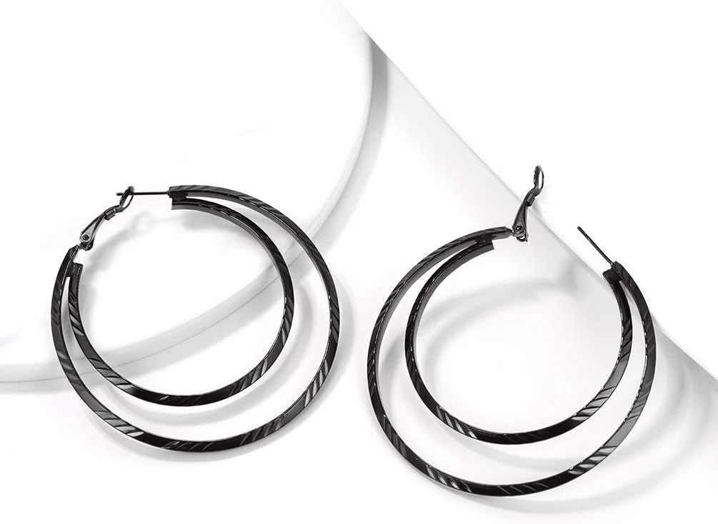 Thumbnail 3 de PROSTEEL Boucles d’oreilles créoles noires 60 mm double anneau en acier inoxydable 316L