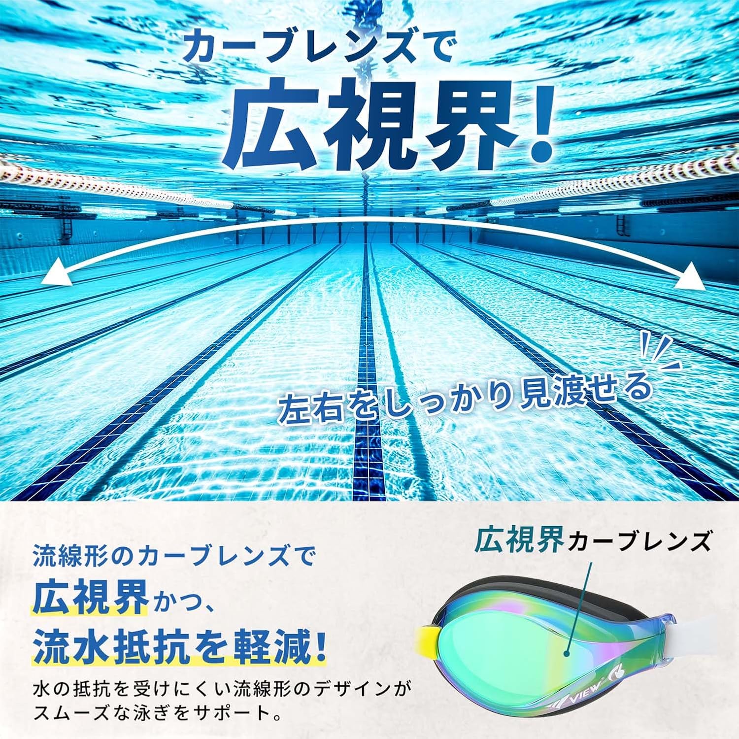Detalle 1 de ビュー ジュニア用スイミングゴーグル カーブレンズのレーシングモデル 6~12歳・日本製