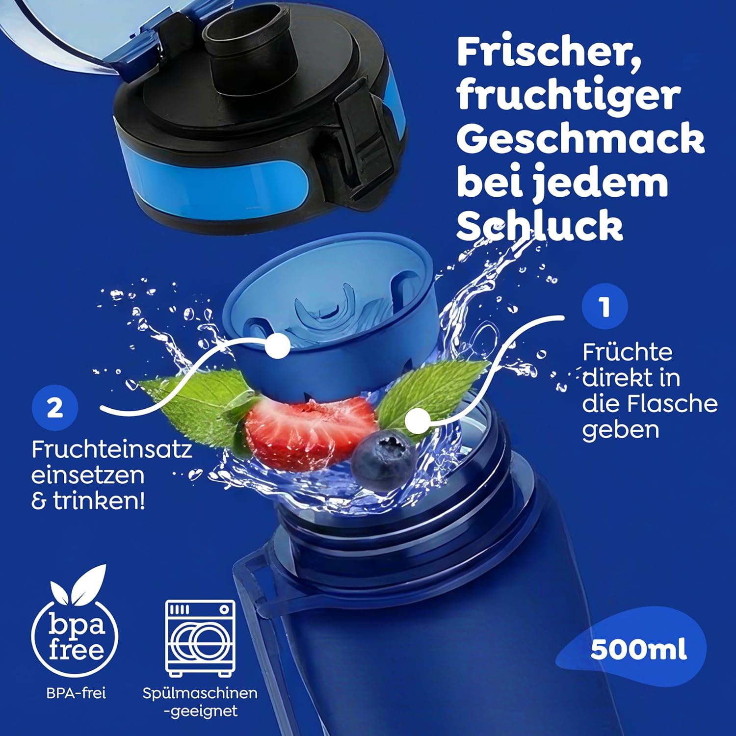 Thumbnail 2 de Sweety Fox Kinder-Trinkflasche mit One-Click-Verschluss, 500 ml, kohlensäuregeeignet – auslaufsicher & spülmaschinenfest (blau)