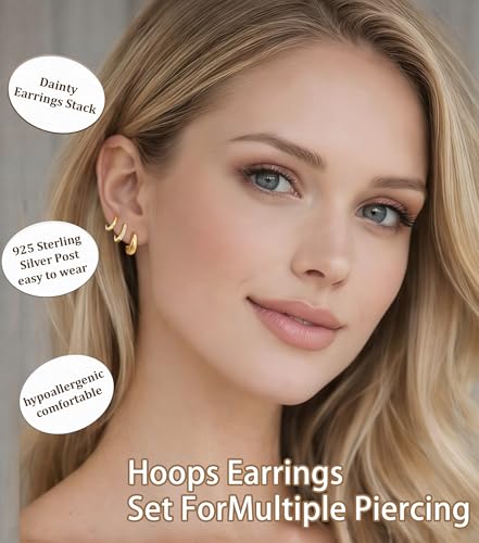 Detalle de SMILYA 3 Pairs Gold Hoops Earrings for Women – Hypoallergenic 925 Silver Posts, Multi-Design Stacks