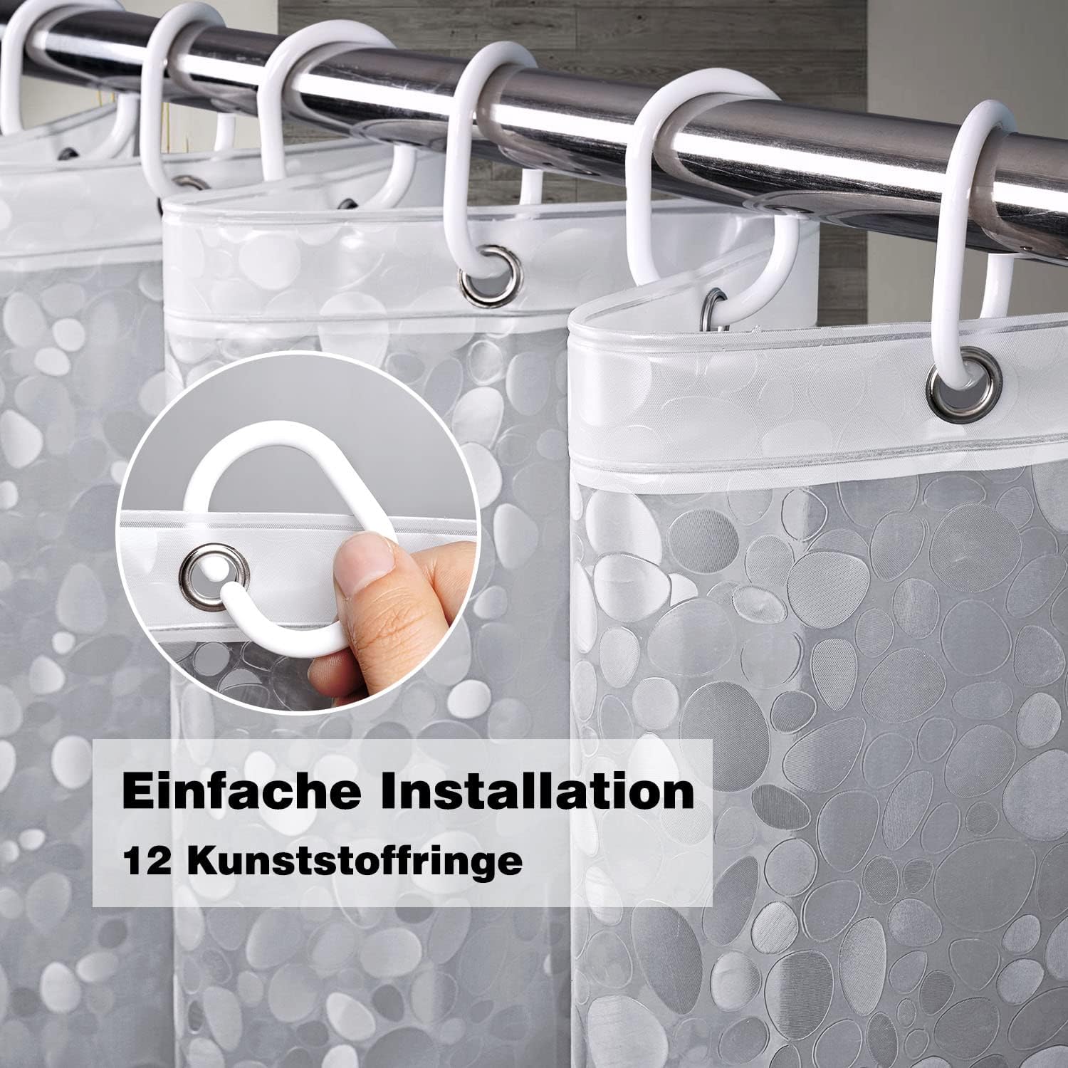 Thumbnail 1 de EurCross Rideau de douche 180 x 210 cm en EVA – poids en bas, imperméable et antibactérien (12 anneaux inclus)