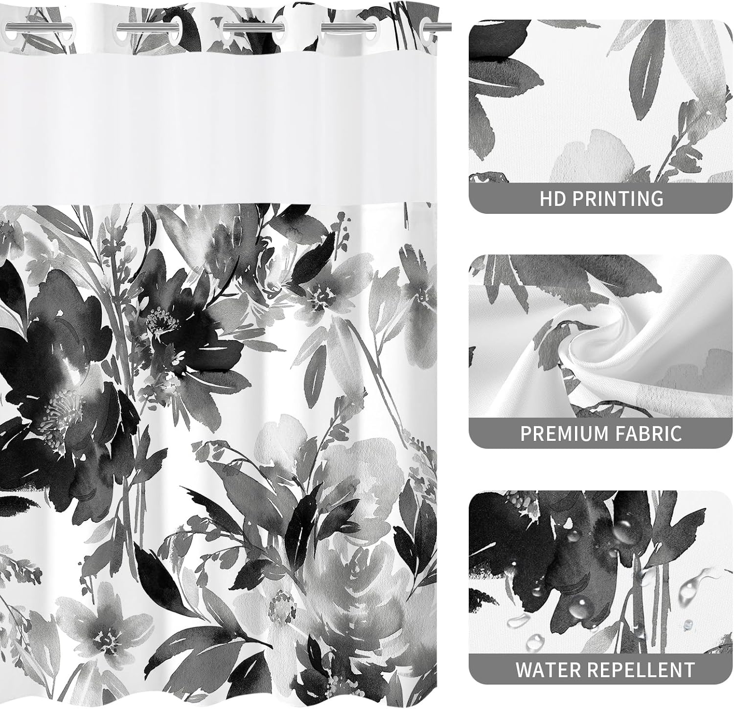Detalle de Litabel No Hook Black Watercolor Floral Shower Curtain and Liner Set, 72x74