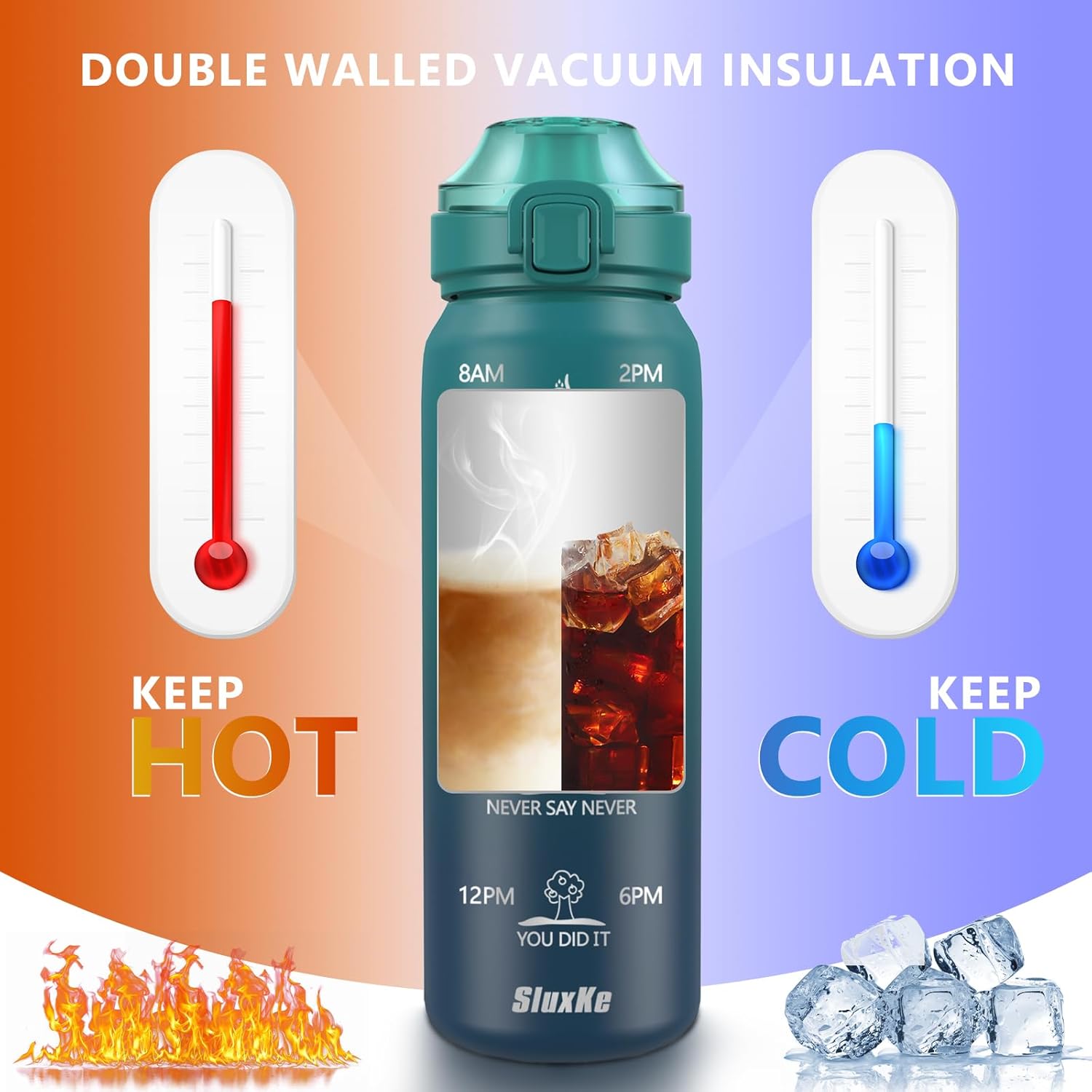 Detalle de SLUXKE Gourde Inox 1L avec Marquage de Temps – Bouteille Isotherme 316L, Double Paroi, Étanche avec Poignée