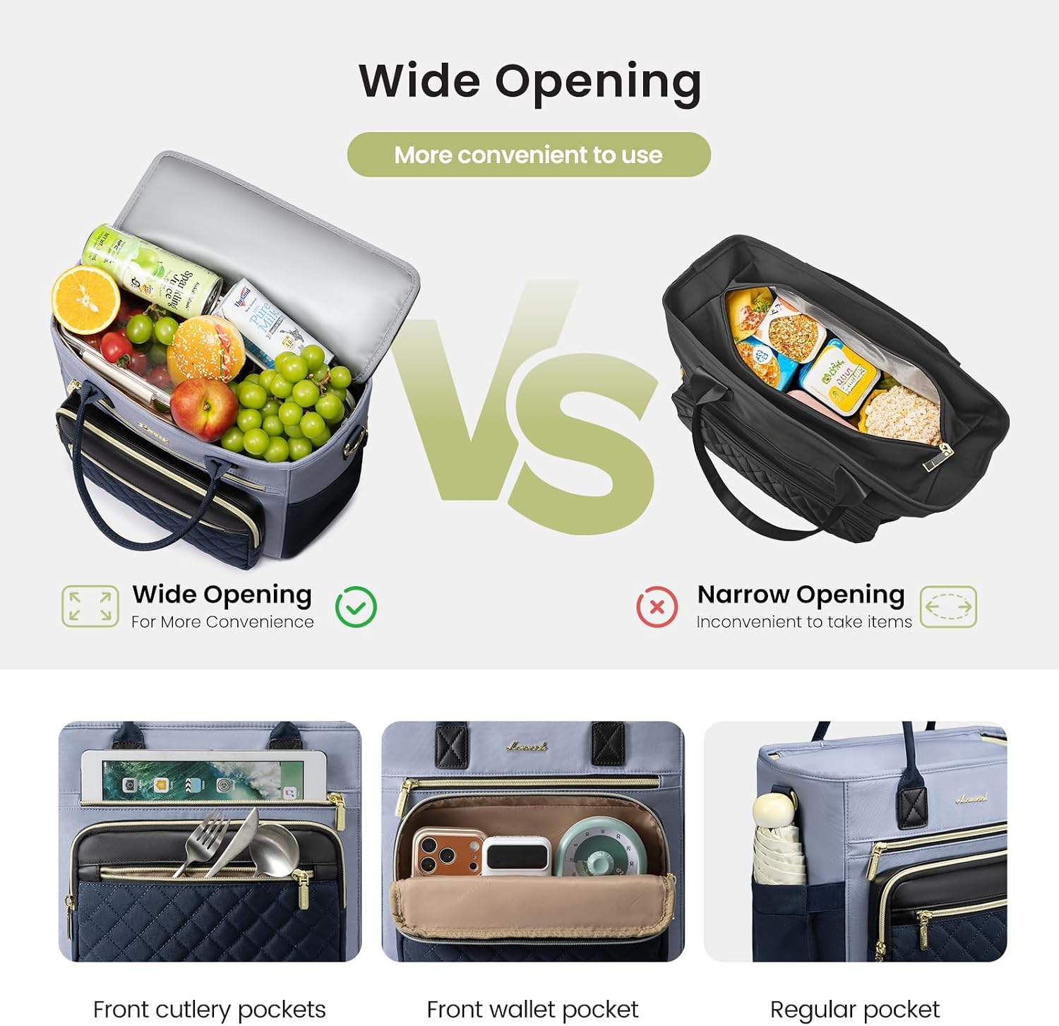 Detalle de LOVEVOOK Insulated Lunch Bag for Women with Wide Opening — Large 13L/18L, Leakproof Cooler with Cup Holder Pocket