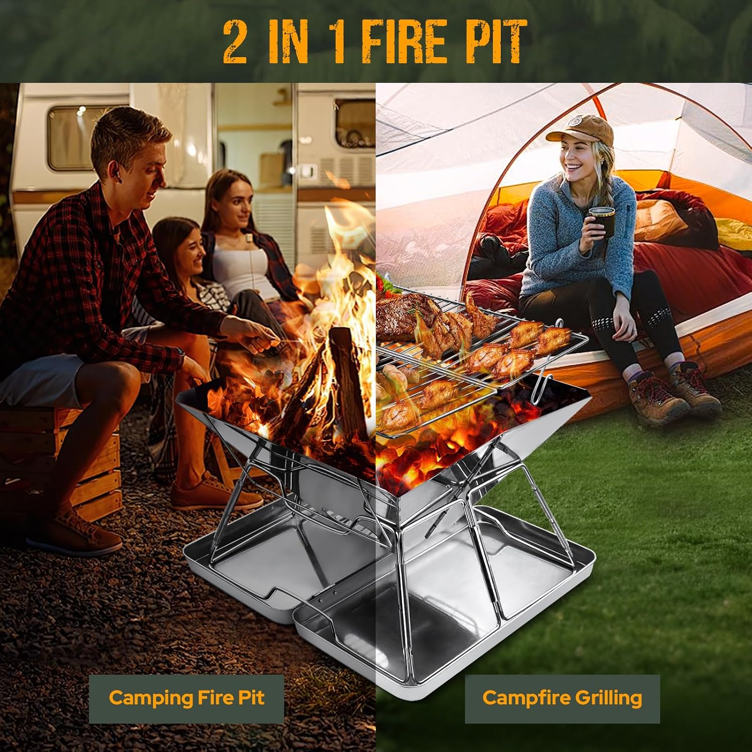 Detalle de Hanviter Portable Fire Pit for Camping – Collapsible stainless steel grill with carry box for BBQs, picnics and bonfires