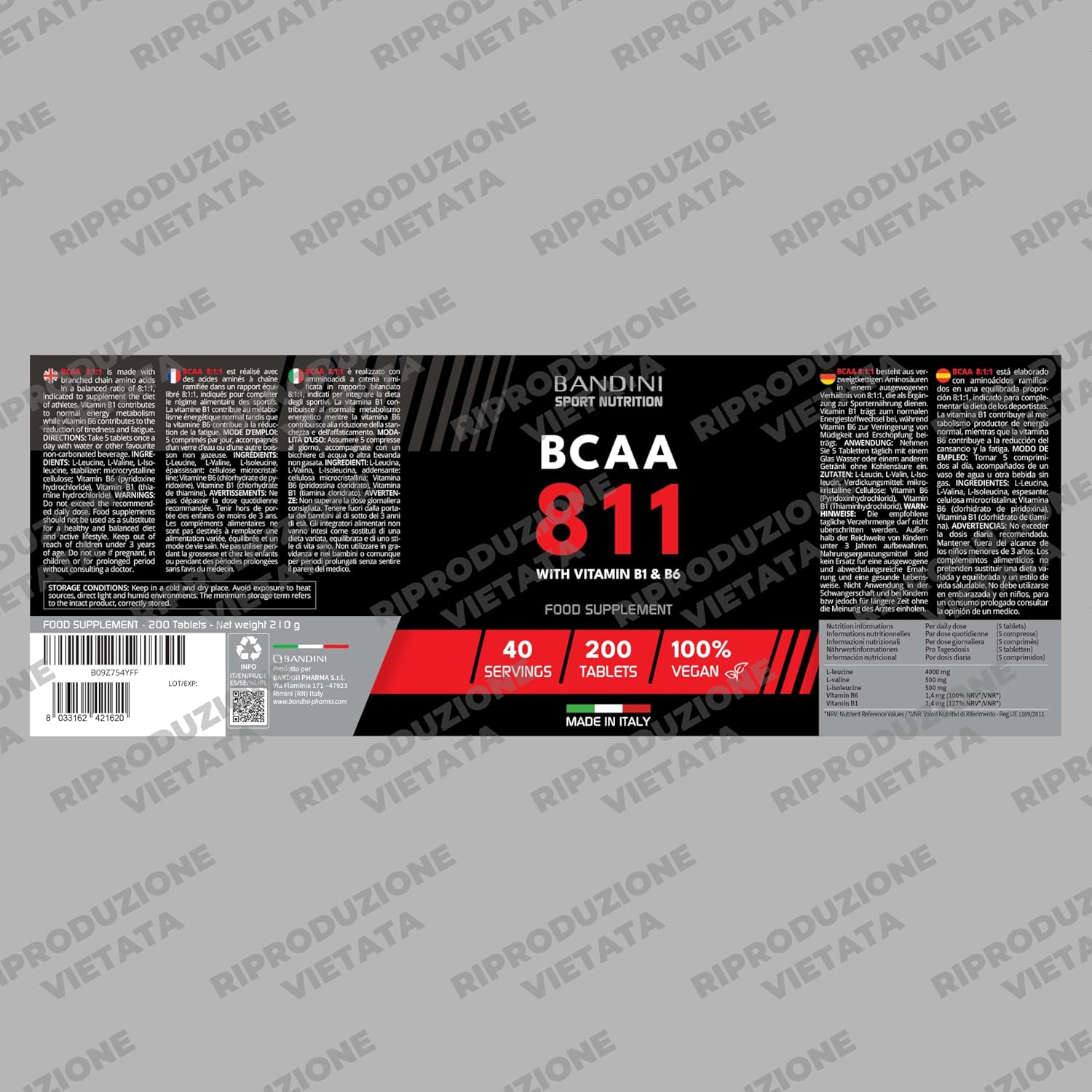 Detalle de Bandini AMINOACIDI RAMIFICATI BCAA 8:1:1 200 Compresse – Vegani, con B1 e B6