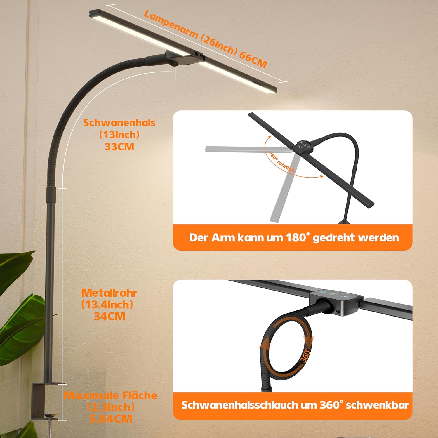 Thumbnail 4 de Doppelkopf Schreibtischlampe LED Dimmbar – 1200 Lumen, 5 Farbtemperaturen, 5 Helligkeiten, Klemme