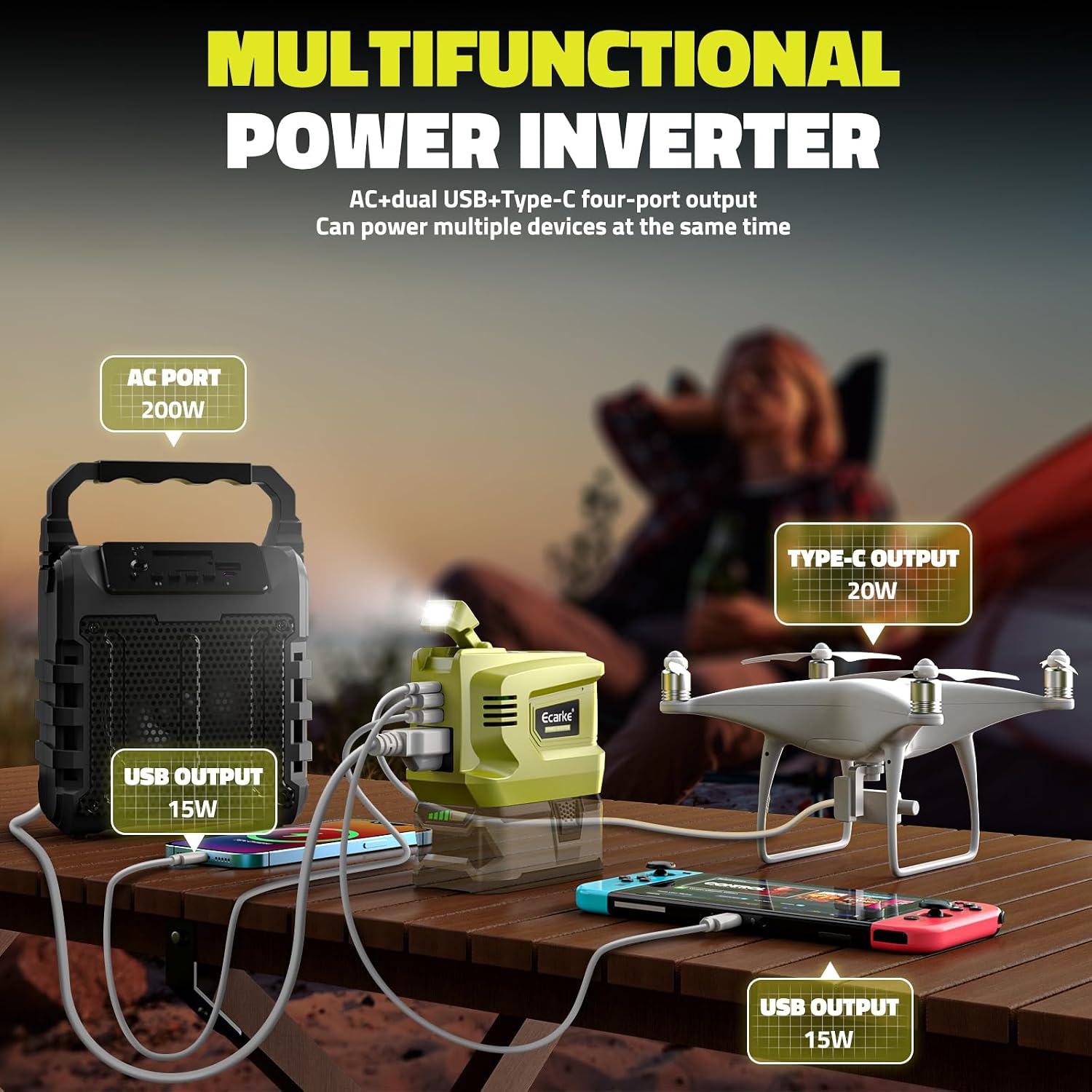 Detalle de Ecarke 200W Portable Power Inverter for Ryobi 18V/20V 110-120V 🌟