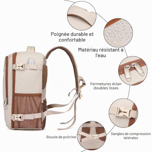 Detalle 2 de PUSLOM Sac à dos cabine 40 x 20 x 25 cm, 20 L, beige avec port USB
