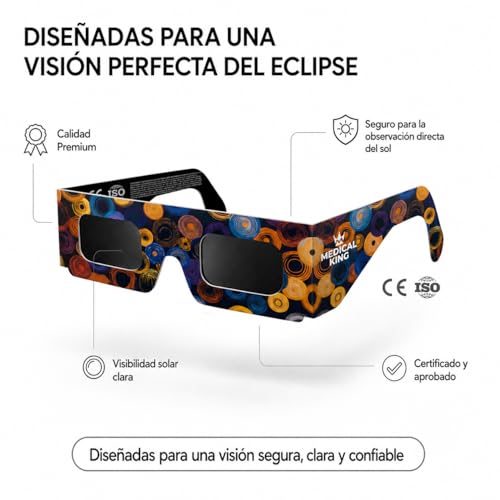 Detalle de Medical king: 12 Gafas Eclipse Solar homologadas ISO 12312-2 – Pack de 12 con 2 filtros para smartphone y guía de observación (Eclipse 2026)