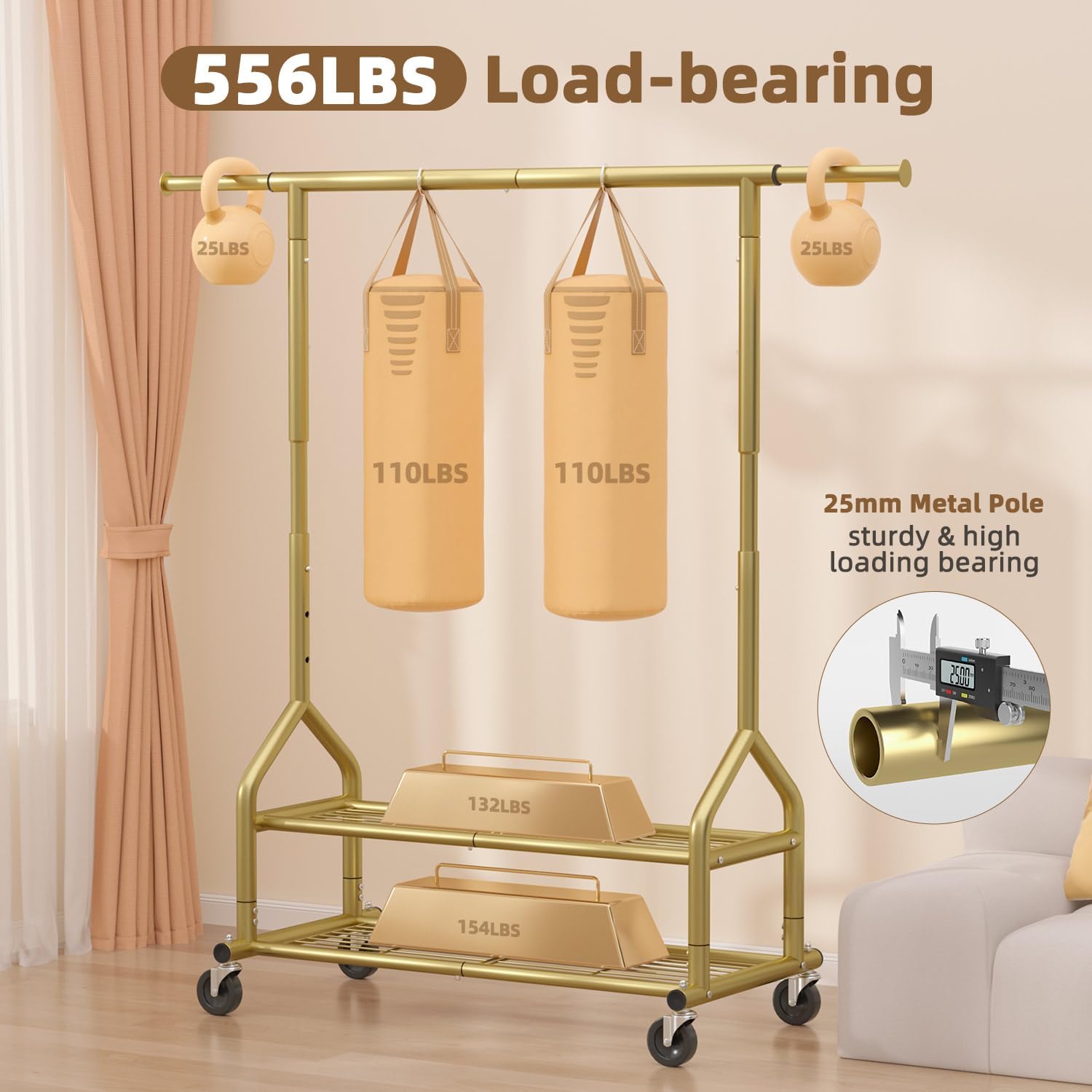 Detalle de EAGMAK UKGRP070 Heavy-Duty Clothes Rack, Gold, Adjustable Rod and 2 Shelves