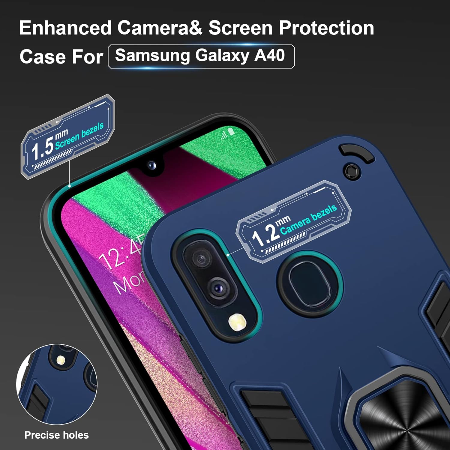 Thumbnail 5 de Btstring double-layer shockproof case for Samsung Galaxy A40 with screen protector and 360° metal ring stand (Blue)