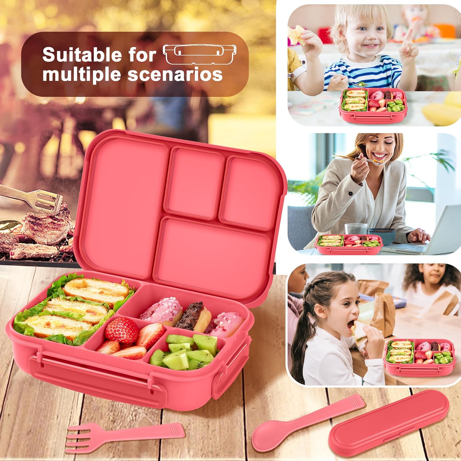 Thumbnail 4 de Amathley Bento Box Kinder & Erwachsene mit 4 Fächern und Besteck, 1200 ml (Rosa Beere)