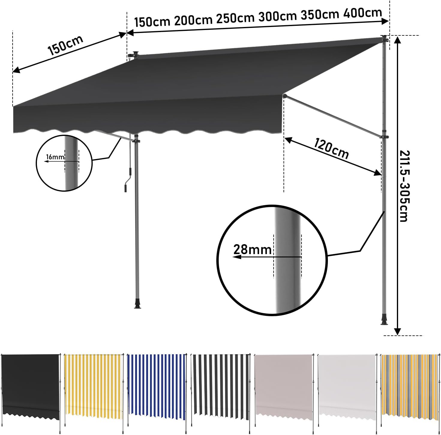Thumbnail 6 de Ikodm Klemmmarkise 350 cm – Grau, Handkurbel, ohne Bohren, UV50+, wasserabweisend