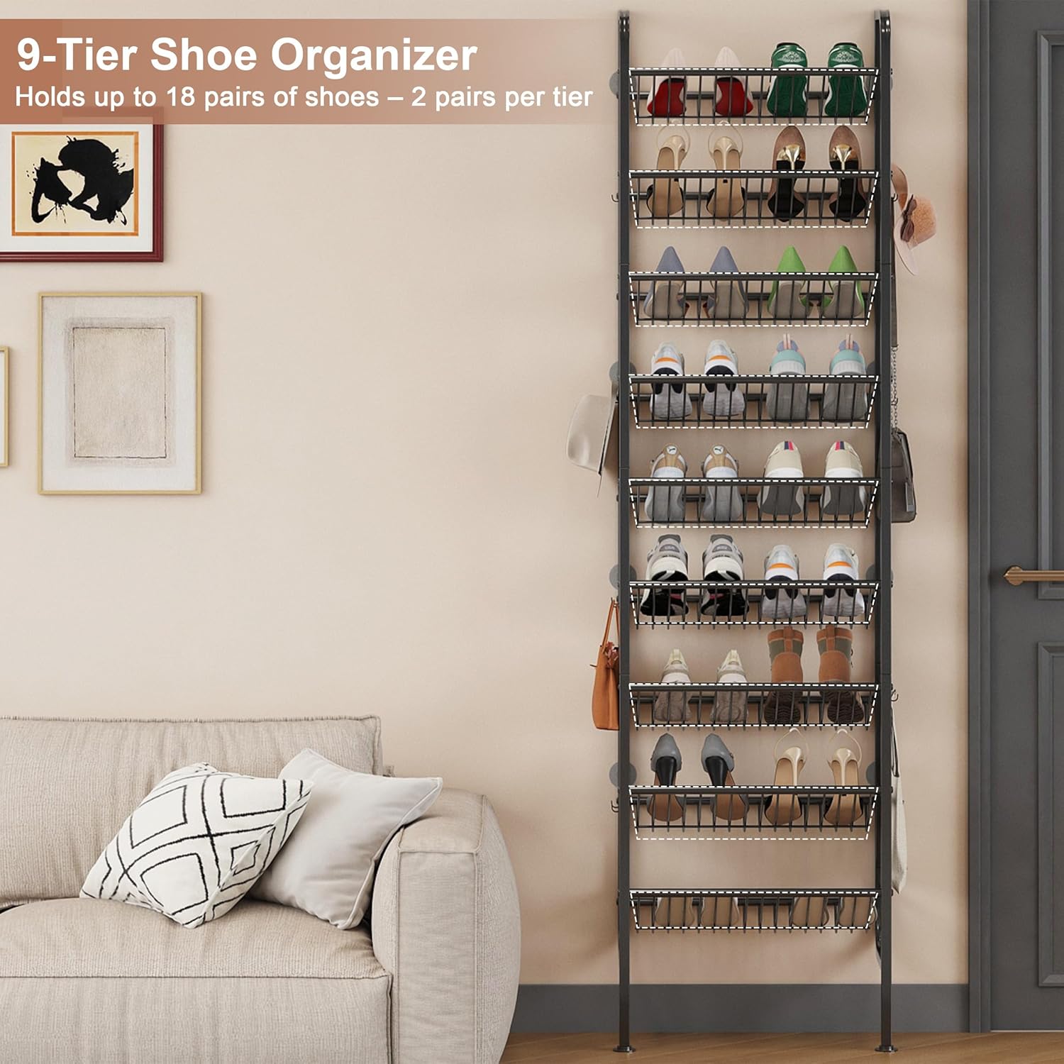 Detalle de Ornestia 70554-9BK 9-Tier Narrow Shoe Rack with 12 Hooks, Black
