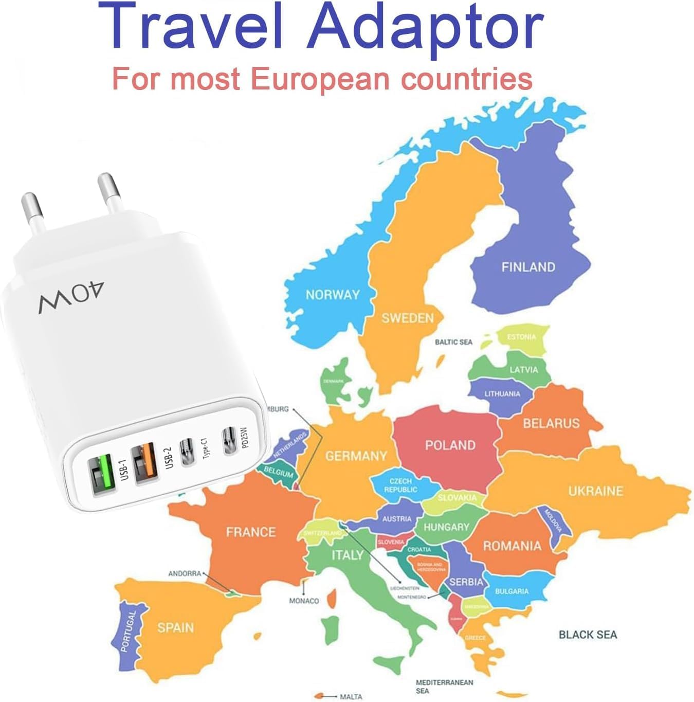 Detalle de EU Travel Adapter Charger with 2 USB‑C and 2 USB‑A Ports