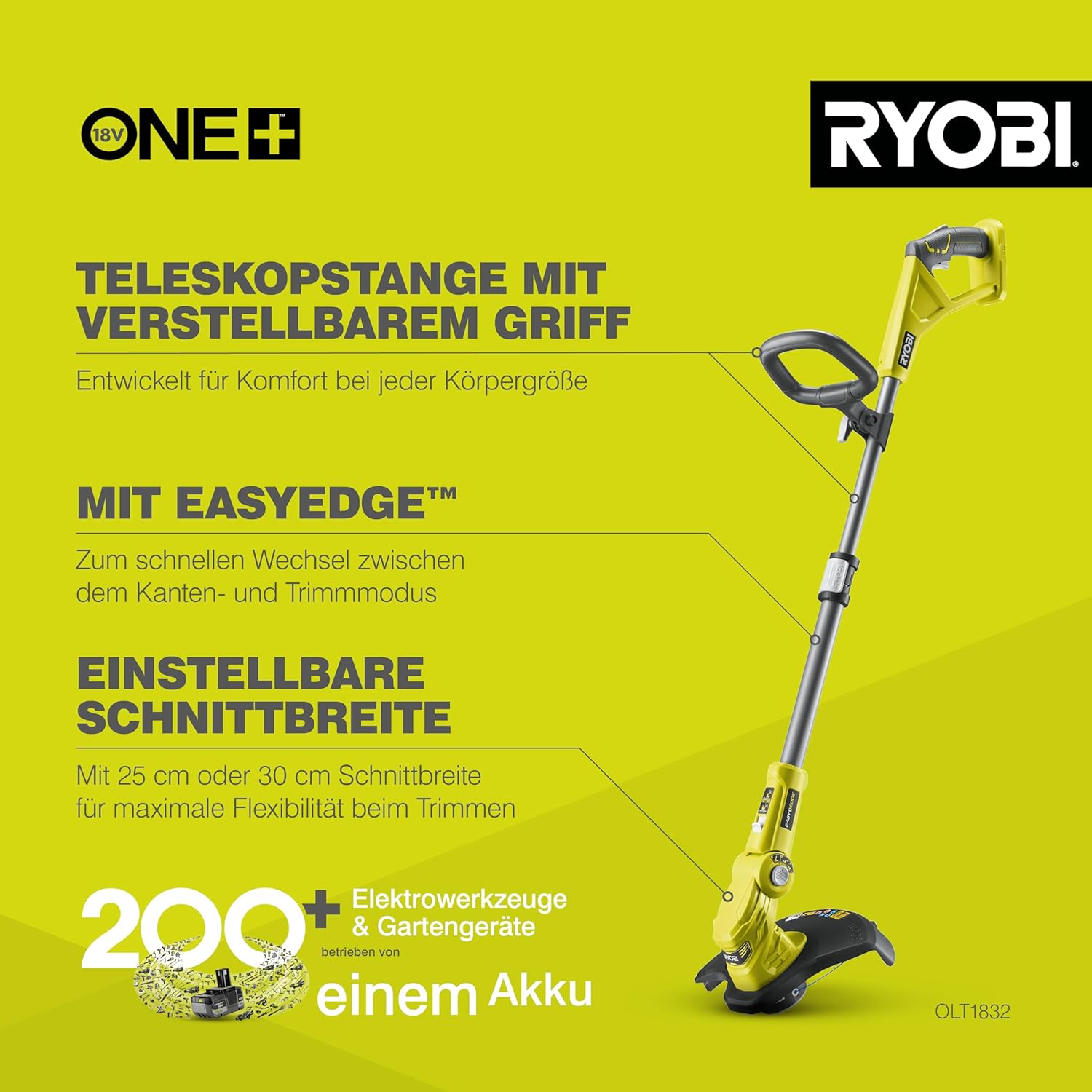 Thumbnail 1 de RYOBI 18 V ONE+ Akku-Rasentrimmer OLT1832 – Schnittbreite 25–30 cm, 3-fache Schnittwinkelverstellung, ohne Akku/Ladegerät