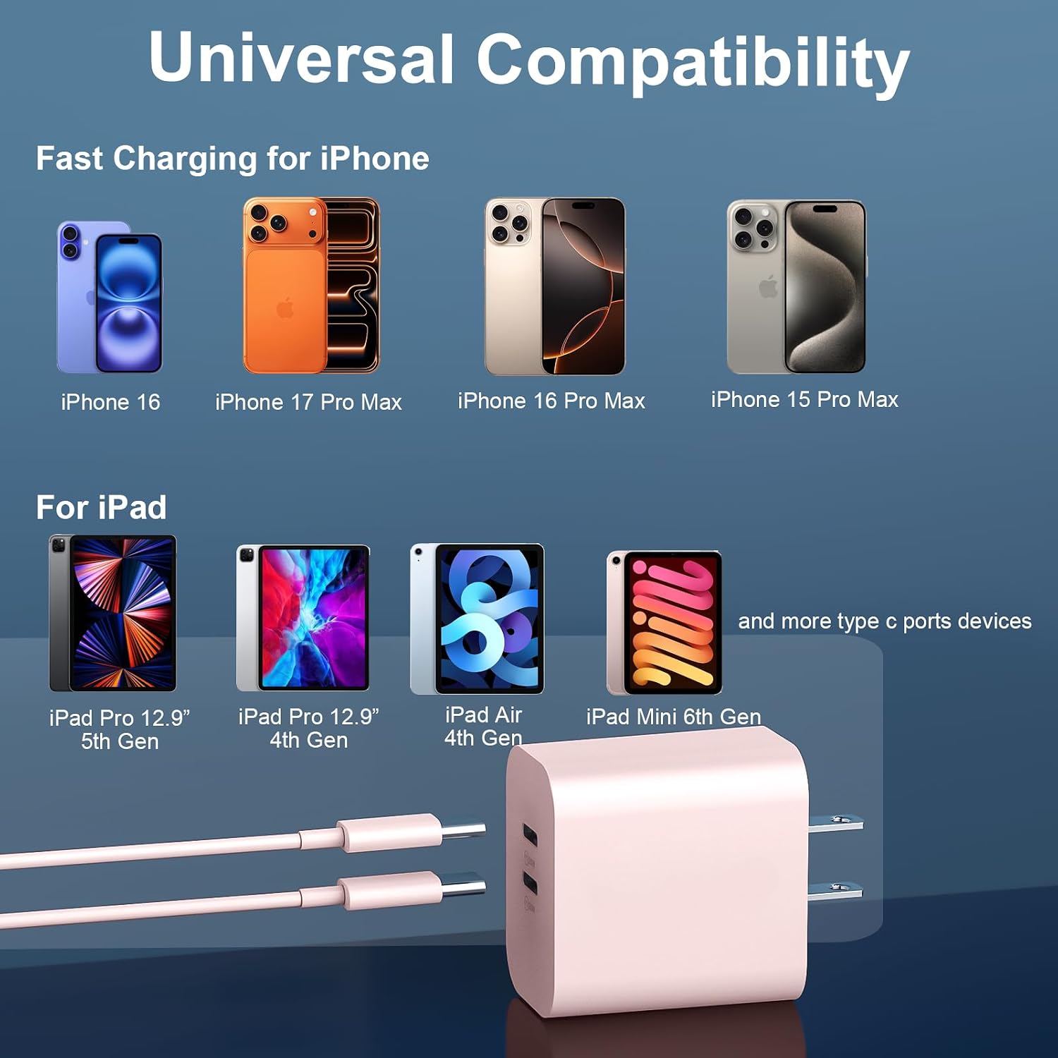 Detalle de Phone 17/16/15 Charger: 20W Dual-Port USB-C Block with 10ft Cable Kit