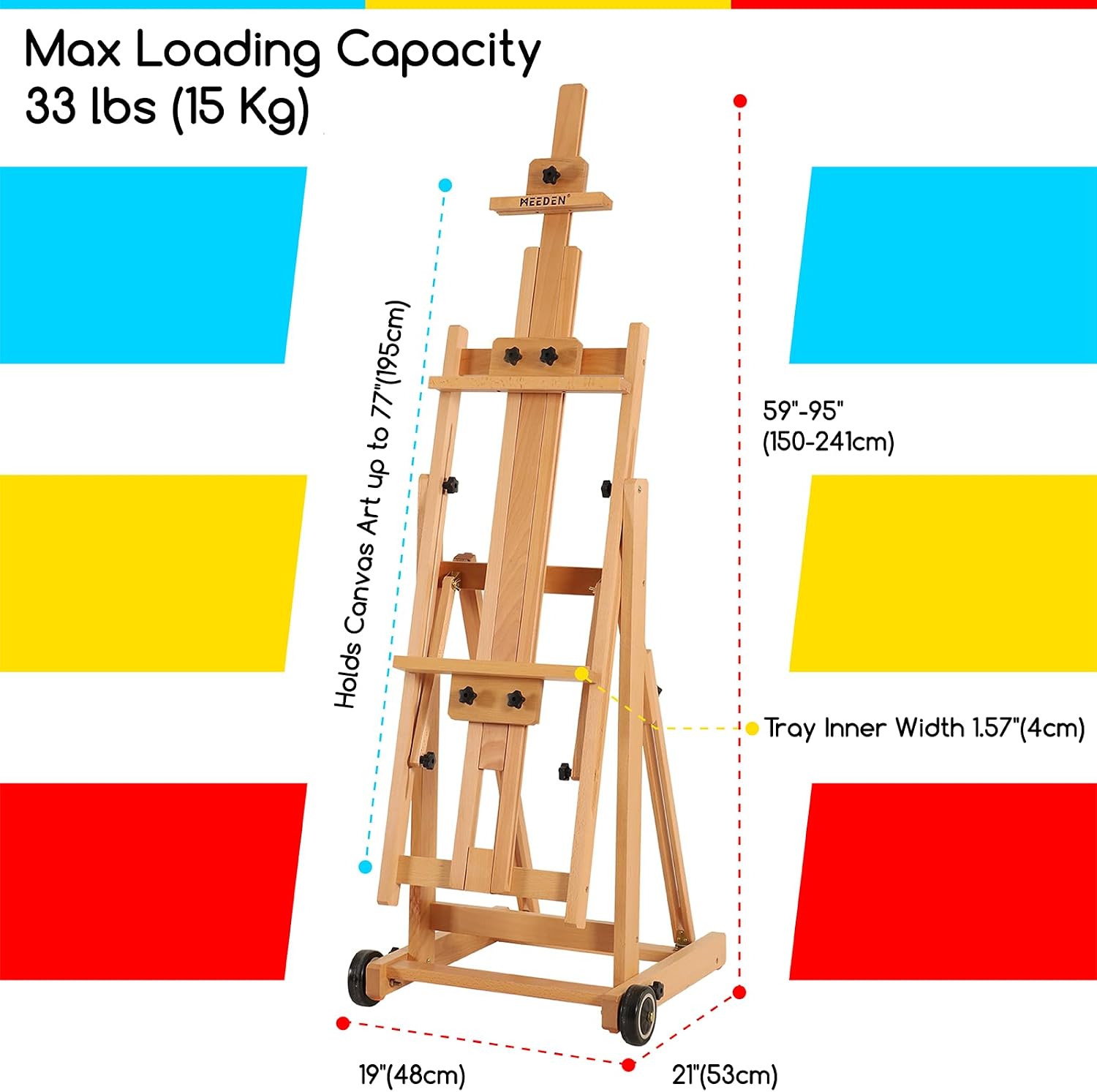 Detalle 2 de MEEDEN W14 H-Frame Studio Easel, Adjustable Beech Wood with Tilting Angle and Wheels