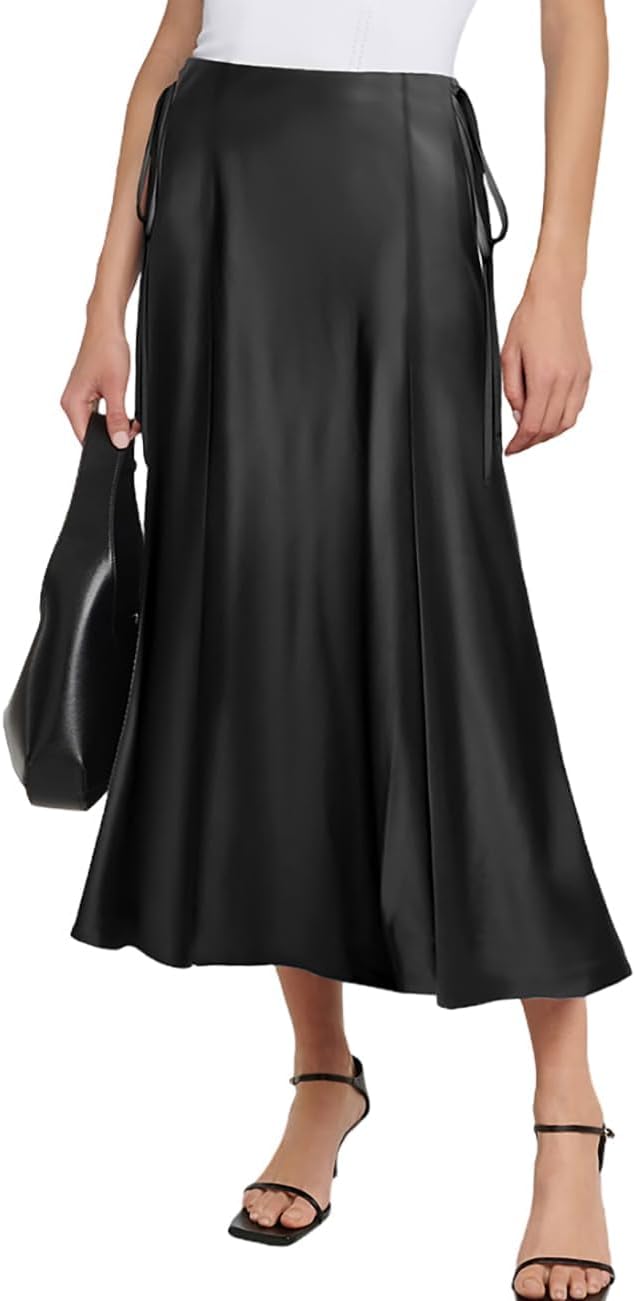 Detalle de MAYFASEY Women's Satin Midi Skirt – High Waist, A-Line with Side Zip