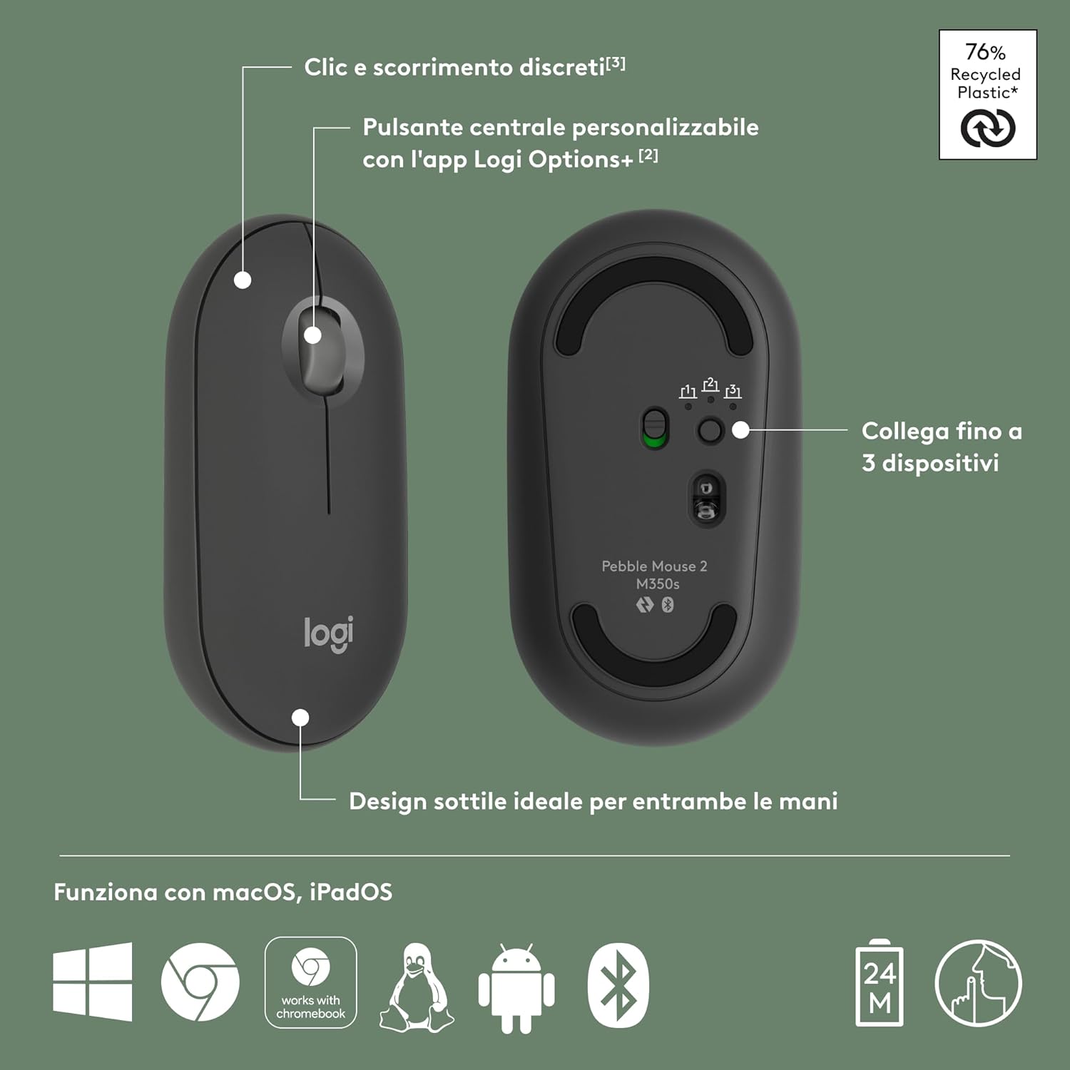 Thumbnail 6 de Logitech Pebble Mouse 2 M350s: mouse Bluetooth sottile, silenzioso e versatile