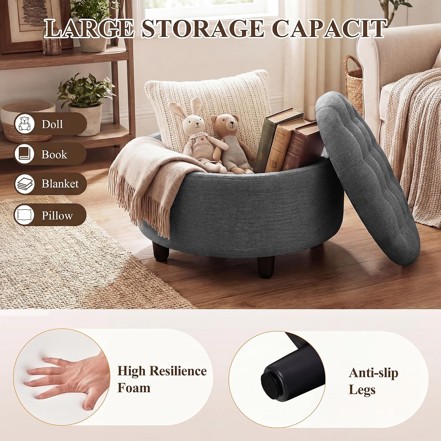 Thumbnail 3 de COLAMY VC-K311-DGY-FB Round Storage Ottoman with Reversible Tray Lid, Dark Grey