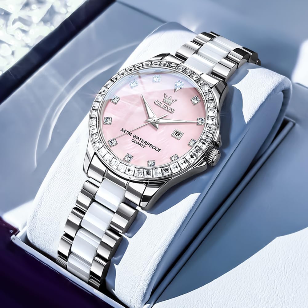 Thumbnail 4 de OLEVS Damen-Diamantuhr: Roségold, Keramikglas, Diamant-Lünette – elegante Quartz-Damenuhr
