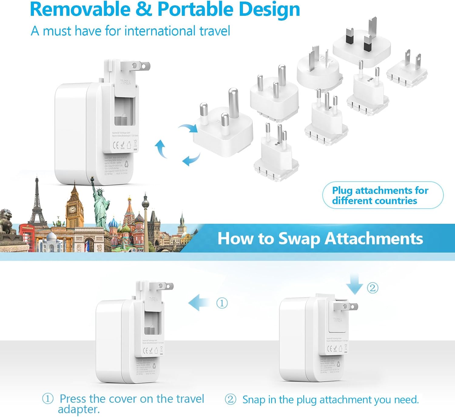 Thumbnail 5 de JSVER Adaptateur prise universelle voyage avec USB‑C (PD 20 W) et 8 connecteurs