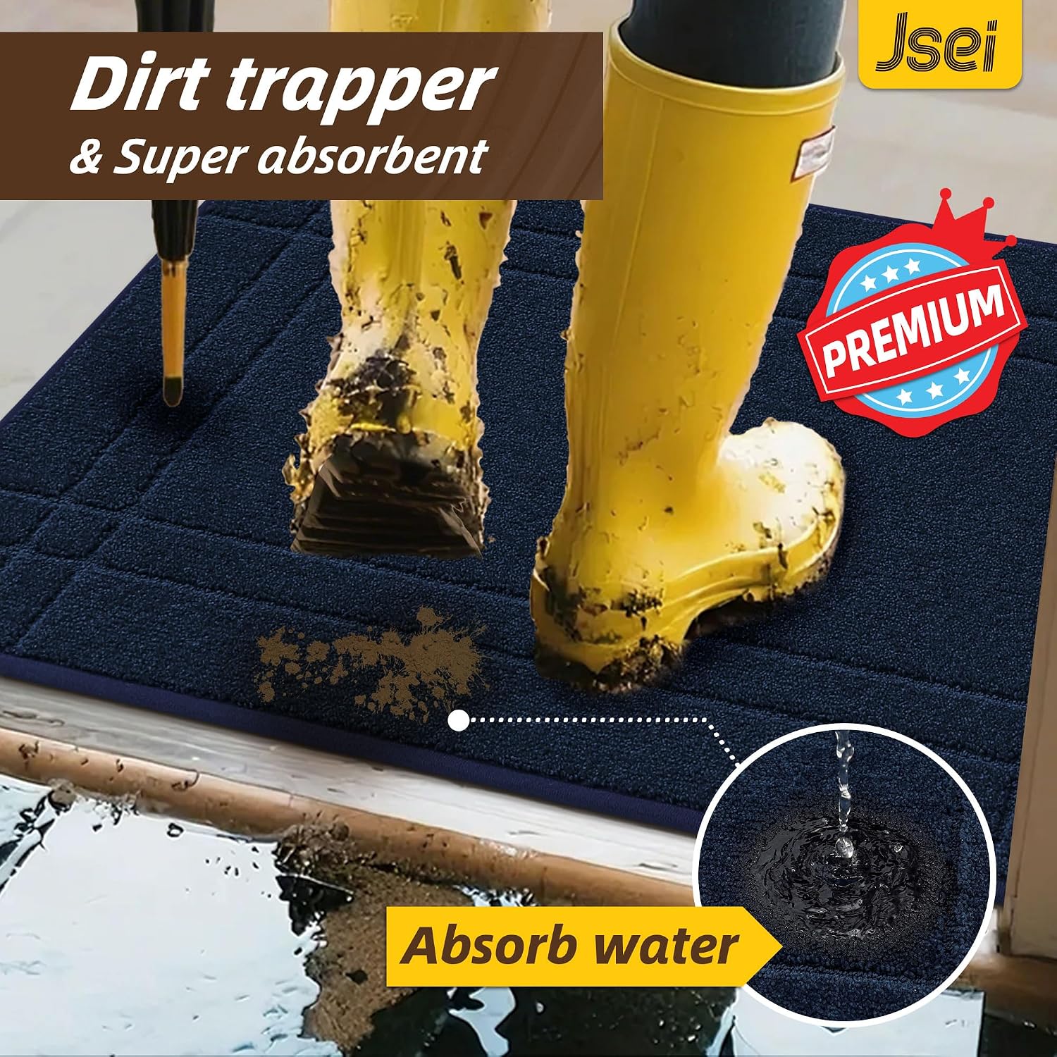 Thumbnail 2 de Tapis anti-salissures JSEI 60x90 cm bleu marine pour intérieur, antidérapant lavable en machine