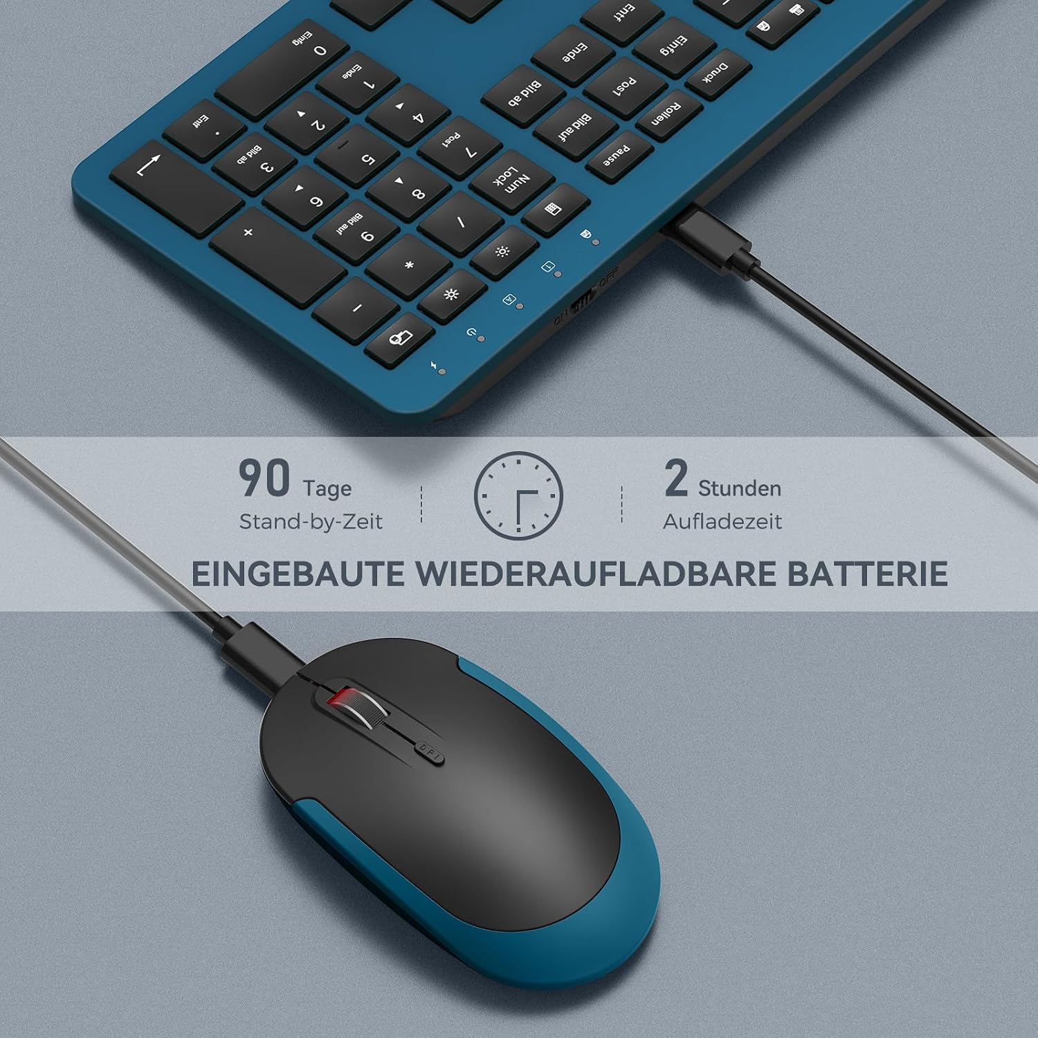 Detalle de seenda SK38-3 Tastatur-Maus-Set kabellos (QWERTZ, Schwarz/Blau) mit wiederaufladbarer Funk-Tastatur