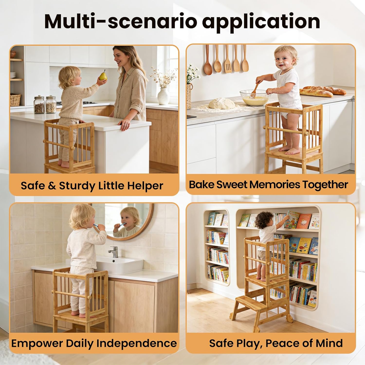 Detalle de HBTower ZL32 Toddler Standing Tower, Bamboo Kitchen Step Stool with Safety Rails