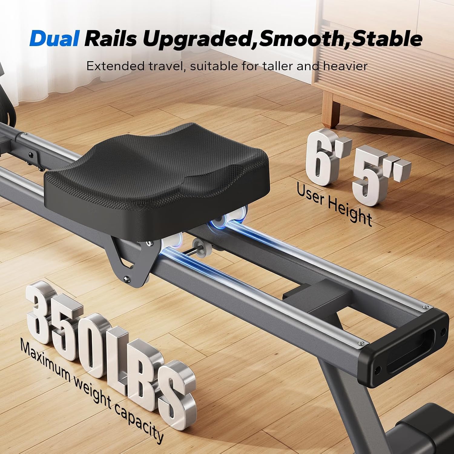 Detalle de MERACH Q1S Magnetic Rowing Machine: Quiet Home Rowing with Dual Rails and App Integration