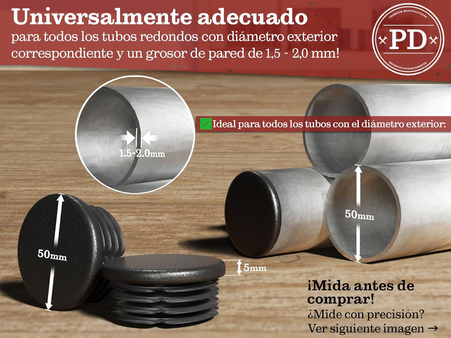 Detalle 2 de PD® Tapones Redondos 50mm de Plástico PE para Tubos ⚙