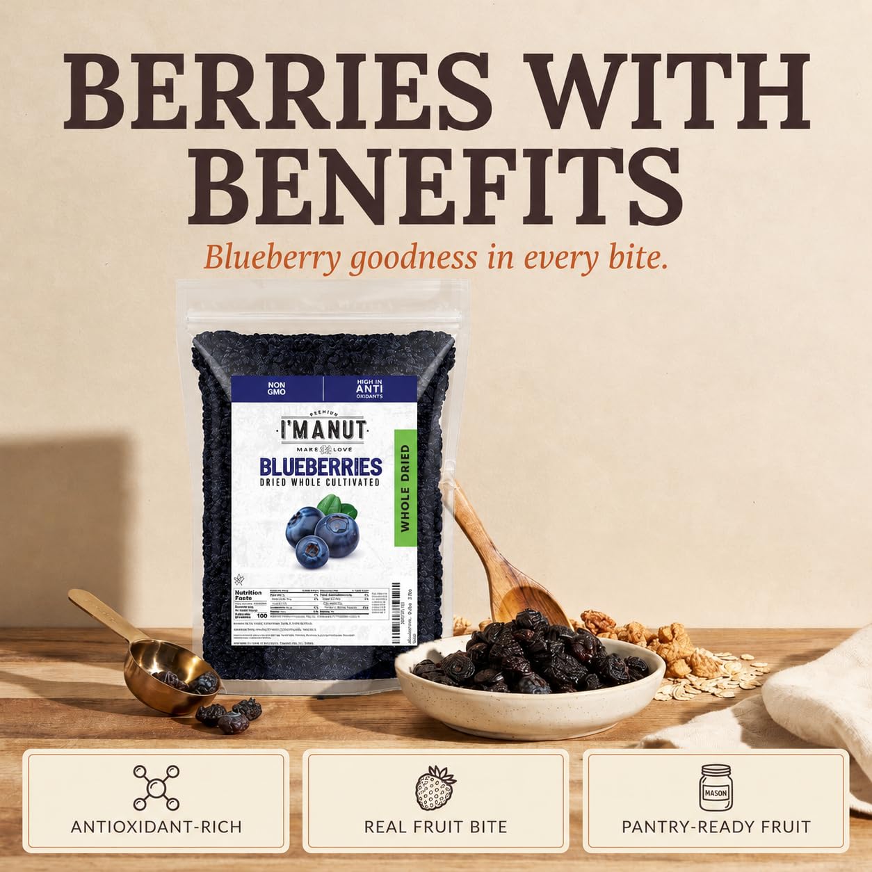 Detalle 1 de I'm A Nut Dried Blueberries, 2 lb (32 oz), Plump & Chewy, Peanut- and Gluten-Free