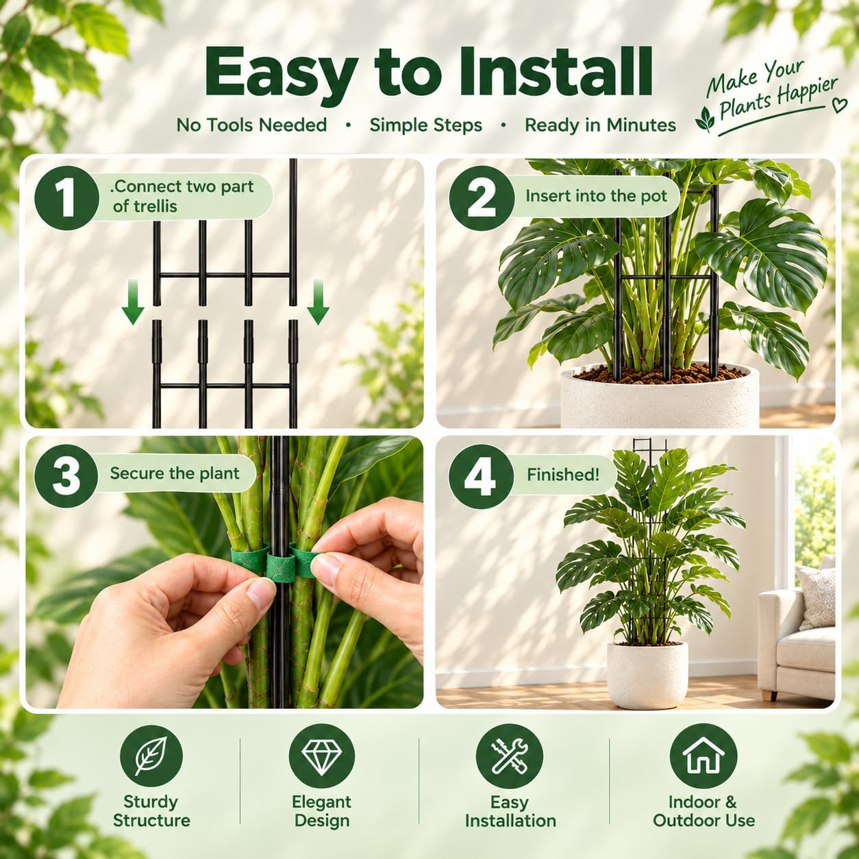 Detalle 2 de Coomin TPJ12001 32.6-Inch Metal Plant Trellis Stakes with Soft Ties