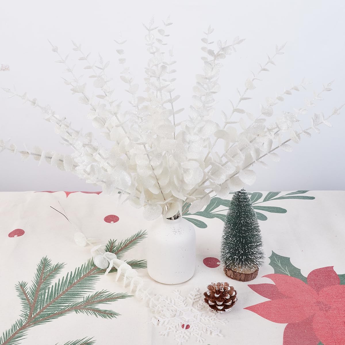Detalle de Leixi 24pcs Glitter Eucalyptus Leaves Stems, 13.8in – Frosted White for Wedding, Christmas and Seasonal Decor